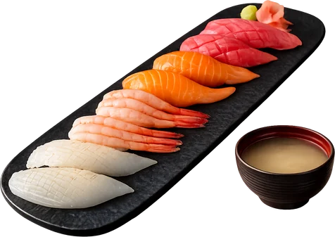 Eight nigiri with miso soup